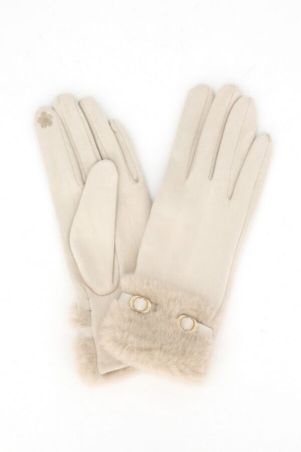 Touchscreen Faux Suede Gloves with Faux Fur Cuff & Buckle