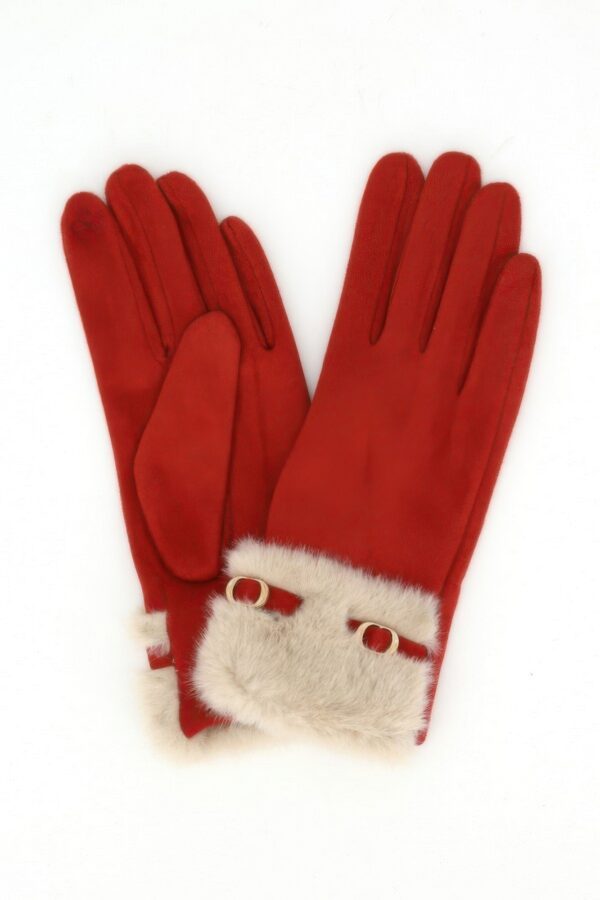 Touchscreen Faux Suede Gloves with Faux Fur Cuff & Buckle