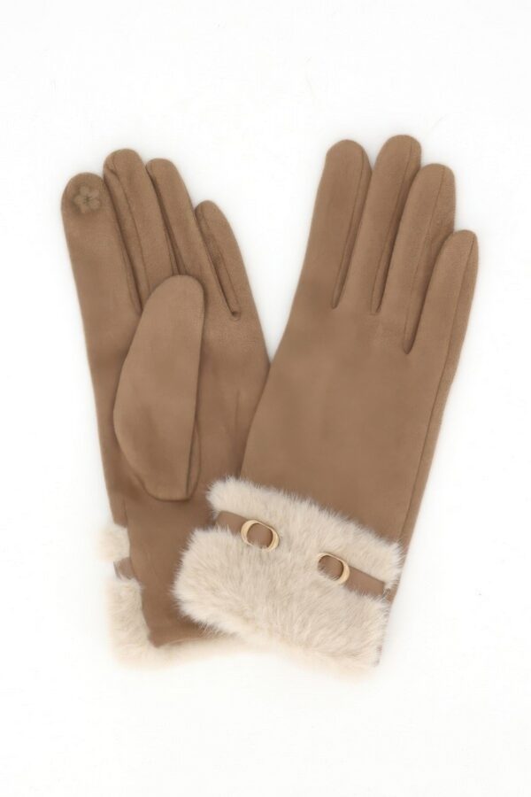 Touchscreen Faux Suede Gloves with Faux Fur Cuff & Buckle