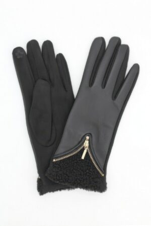 Touchscreen Faux Leather Gloves with Zipper Detail