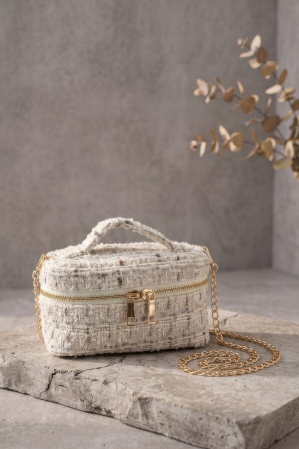 Tweed Box-Shaped Vanity Chain Bag with Top Handle