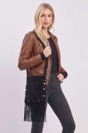 Faux Suede Fringe Crossbody Bag - Vintage Brown