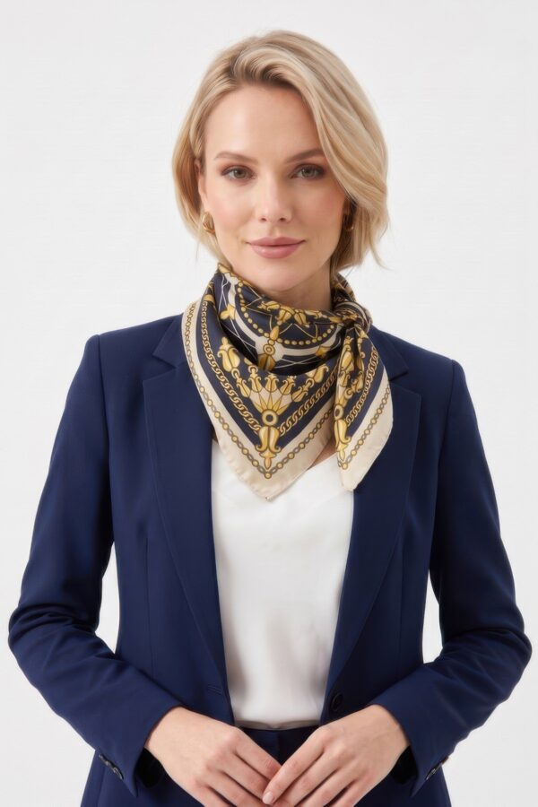 Compass-Print Bandana with Gold Chain Trim