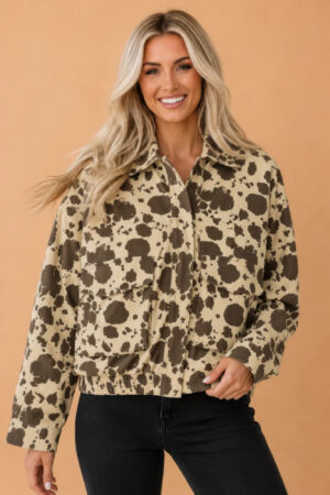 Western Cow-Print Denim Cargo Zip-Up Jacket