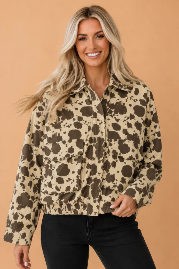 Western Cow-Print Denim Cargo Zip-Up Jacket