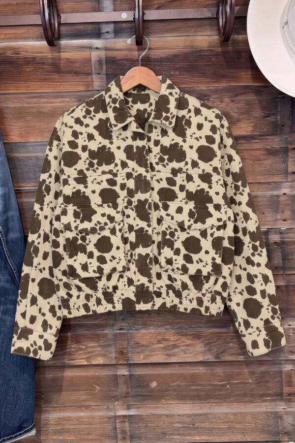 Western Cow-Print Denim Cargo Zip-Up Jacket