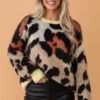 Leopard Colorblock Fuzzy Sweater - Drop Shoulder