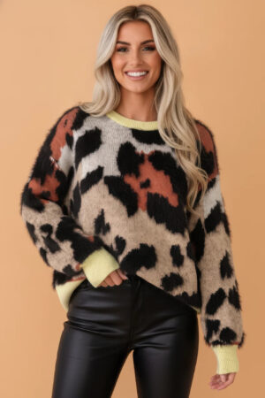 Leopard Colorblock Fuzzy Sweater - Drop Shoulder