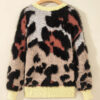 Leopard Colorblock Fuzzy Sweater - Drop Shoulder