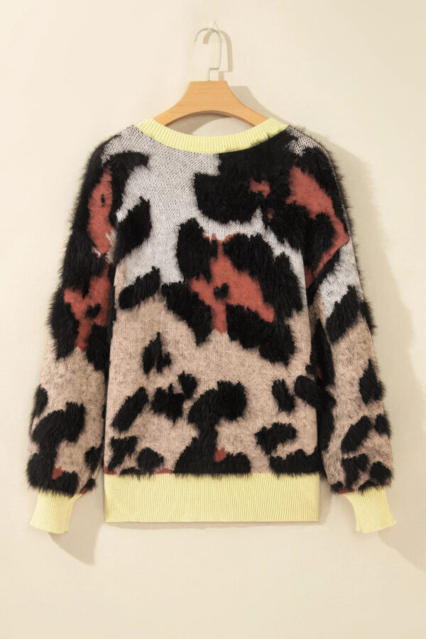 Leopard Colorblock Fuzzy Sweater - Drop Shoulder