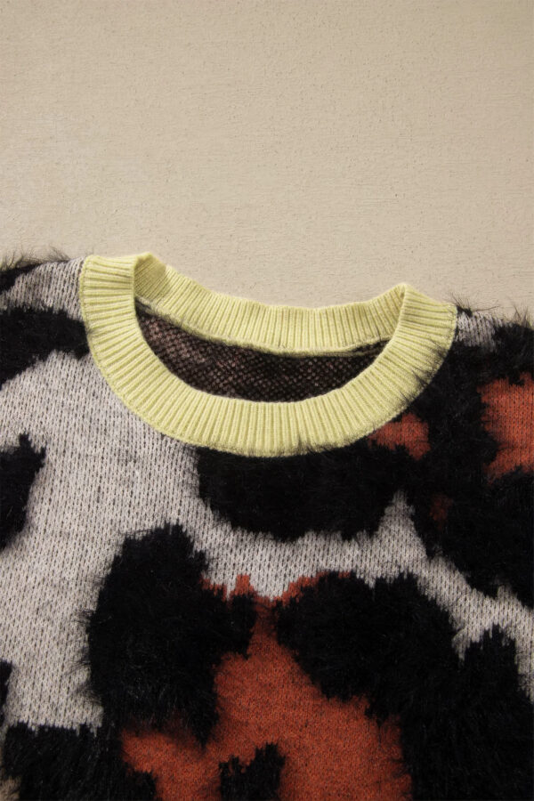 Leopard Colorblock Fuzzy Sweater - Drop Shoulder