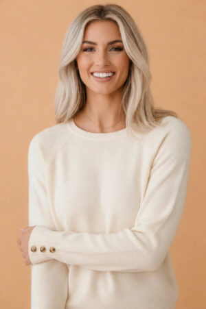 Bishop-Sleeve Crewneck Sweater with Button Cuffs