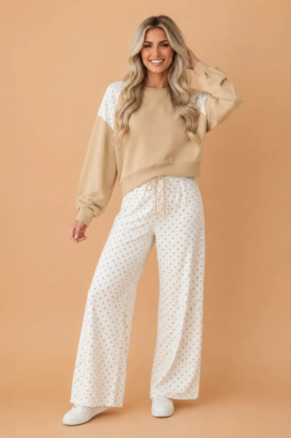 Polka Dot Patchwork Crop Sweatshirt & Wide-Leg Pants Set