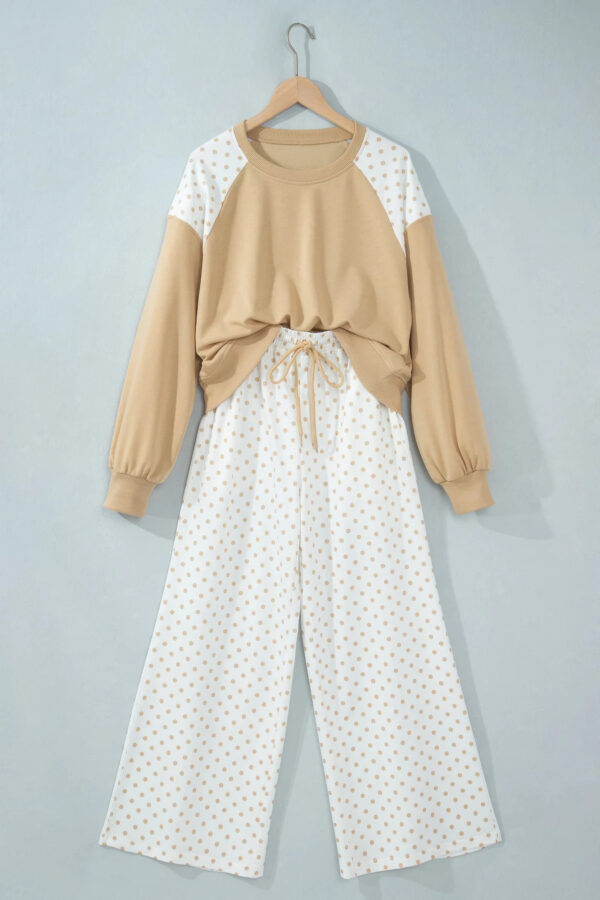 Polka Dot Patchwork Crop Sweatshirt & Wide-Leg Pants Set