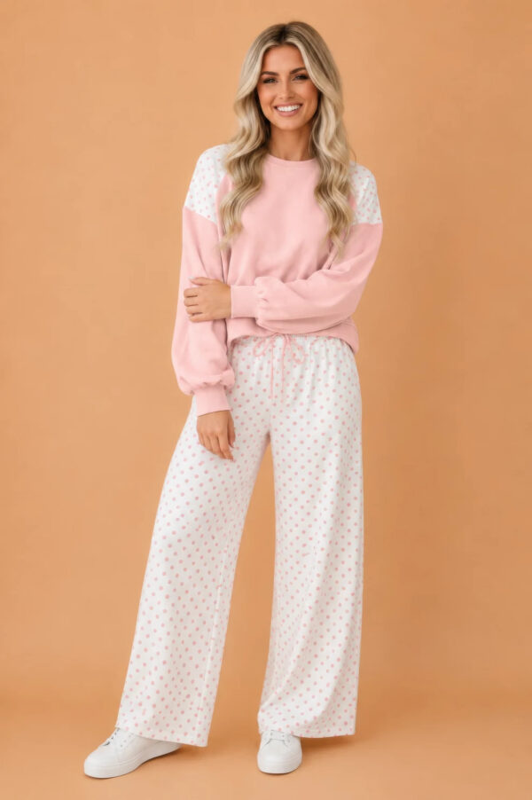 Polka Dot Patchwork Crop Sweatshirt & Wide-Leg Pants Set