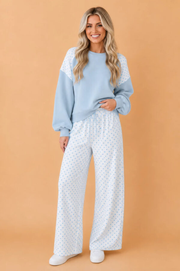 Polka Dot Patchwork Crop Sweatshirt & Wide-Leg Pants Set