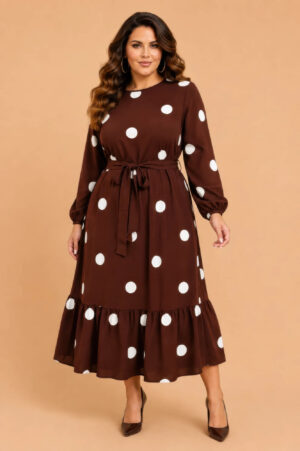 Plus Size Polka Dot Ruffle Midi Dress - Long Sleeve